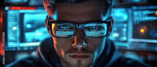 Fototapeta Ethical hacker,  An ethical hacker at a workstation, surrounded by screens that display real-time analytics of cyber threats. The hacker, wearing glasses and a hoodie, is executing