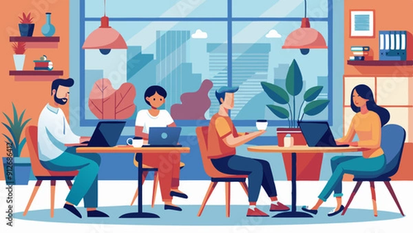 Fototapeta People Working in Cafe or at Home with Laptops and Phones. Perfect for: Freelancers' Day, Remote Work Week, Coffee Shop Promotion