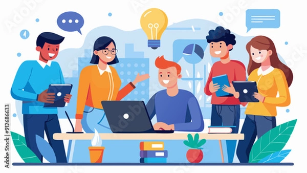 Fototapeta Startup Teams Discussing New Projects Together. Perfect for: Startup Week, Entrepreneur Summit, Business Incubation Program