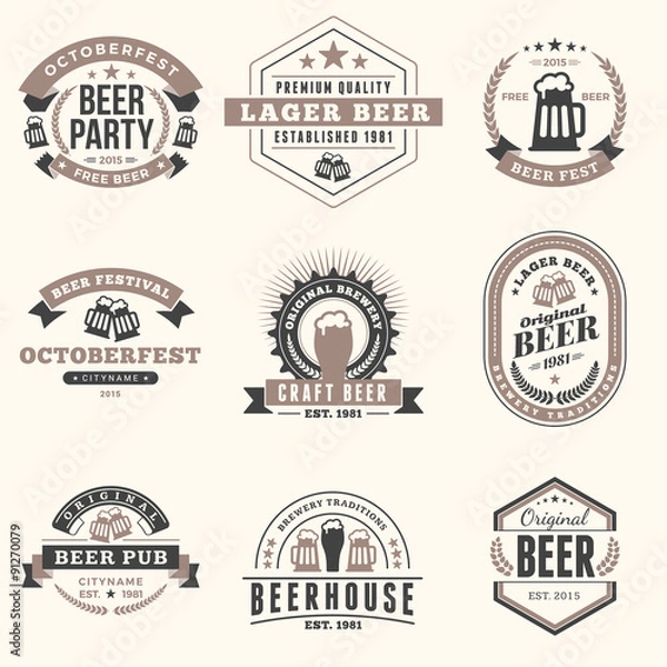 Obraz Zestaw odznaki Retro Vintage piwo, etykiety, logo w kolorach brązu na jasnym tle. Ilustracji wektorowych