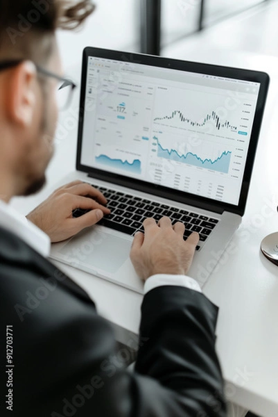 Fototapeta Close up of a businessman using a computer, reviewing growth and investment charts.