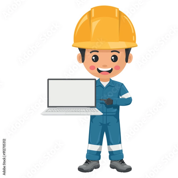 Fototapeta Industrial mechanical worker with a laptop. Integration of technology and data analysis in the industry. Digital tools to manage, monitor and improve production processes. Safety first