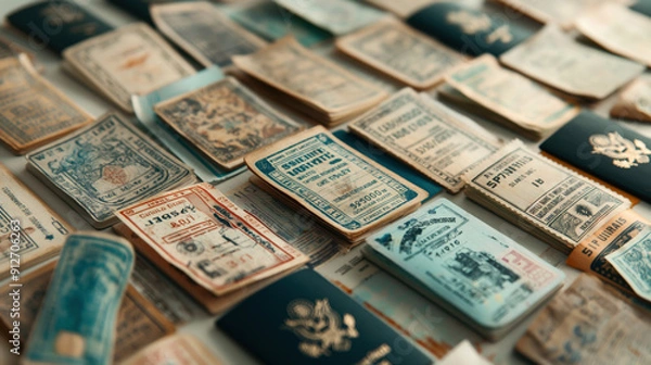Fototapeta A collection of vintage travel documents, passports, and tickets laid out on a flat surface, showcasing a variety of designs and languages.