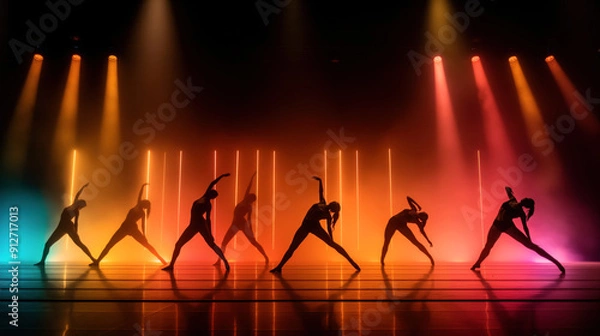 Obraz Group of dancers performing on stage with colorful background lighting and dynamic poses