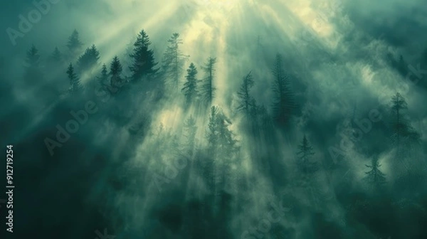 Fototapeta Sunlight streaming through dense fog in a forest