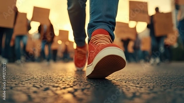 Obraz A close-up view of vibrant sneakers walking among a crowd during a peaceful protest at sunset.