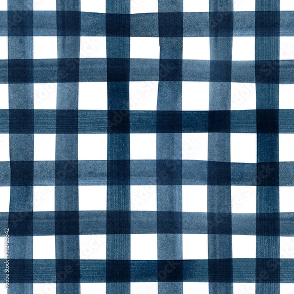 Obraz Hand painted illustration watercolor blue indigo stripes on white background. Checkered seamless pattern. Plaid material. For fabric, sketchbook, wallpaper, wrapping paper, bags, for cards, banner.
