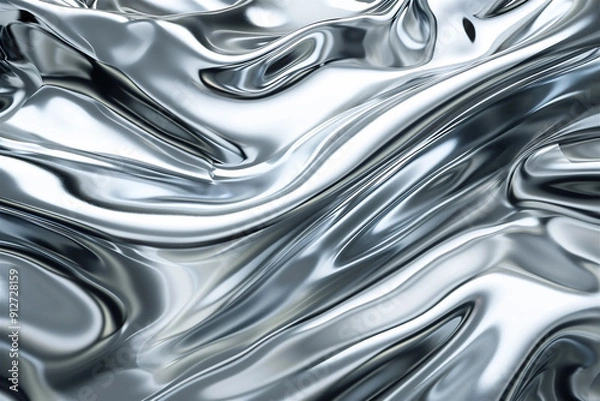 Fototapeta Chrome liquid silver background. Abstract metal texture with 3d waves. Silver color chrome morphism pattern, steel reflection design, aluminum shiny illustration