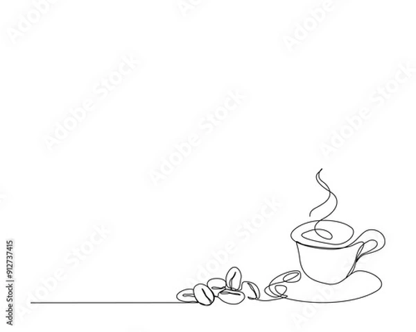 Fototapeta One continuous line drawing Cup of Coffee with coffee beans. A cup of coffee simple outline vector.