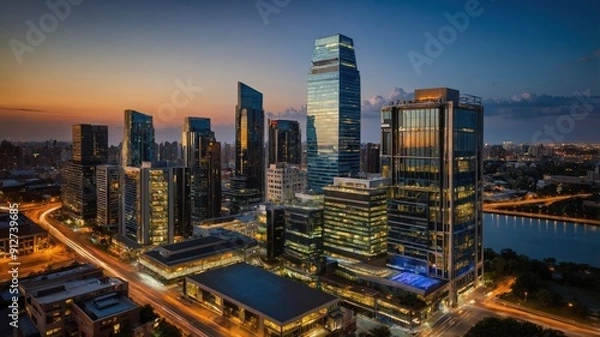 Fototapeta Aerial view of a modern city skyline at dusk, featuring illuminated skyscrapers and busy streets below.
