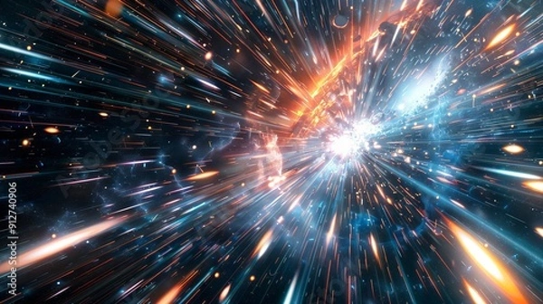 Fototapeta Dynamic cosmic explosion with colorful light streaks