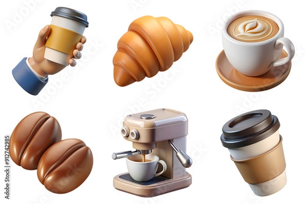 Fototapeta 3D Coffee Elements Icon Set Isolated on White Background