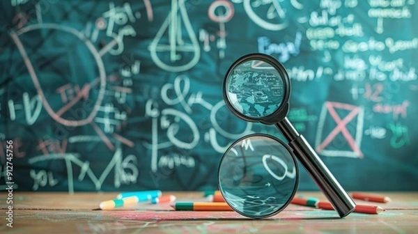 Fototapeta Close-up of magnifying glasses in front of chalkboard drawings