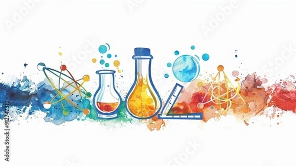 Fototapeta Colorful illustration with lab equipment and atoms
