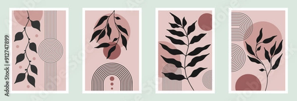 Fototapeta Zen arch poster set with botanical element, simple line arch shapes, and leavs. Geometric Japanese zen pattern minimal elements. Boho style strips,