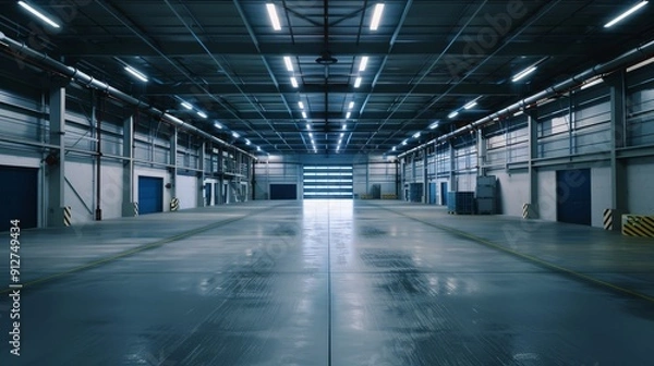 Fototapeta A spacious, well-lit warehouse with sleek metallic floors, high ceilings, and a large roller door in the distance, illuminated by evenly spaced fluorescent lights.