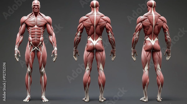 Fototapeta A three-dimensional anatomical representation of a human figure from various angles. The figure is depicted with muscles highlighted in red, revealing the intricate muscular system of the human body. 