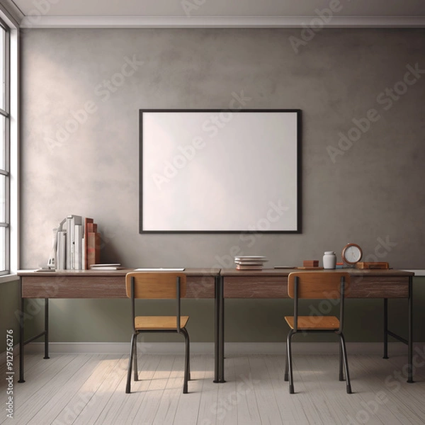 Fototapeta Industrial Style Workspace with Empty Frame Mockup and Study Desks