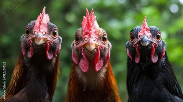 Fototapeta Three Chickens Looking Directly at the Camera