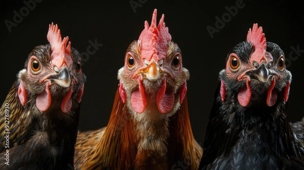 Fototapeta Three Chickens Facing Forward with a Black Background
