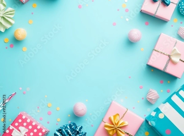 Obraz Colorful birthday gifts and confetti background with space for copy. Birthday party concept in the style of a flat lay top view