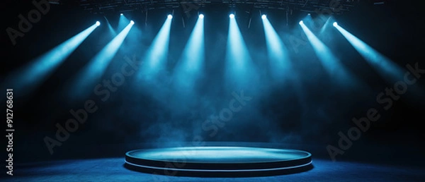 Fototapeta A dramatic stage illuminated by blue spotlight beams, creating an atmosphere of anticipation and creativity.