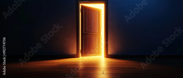 Fototapeta A glowing door opens to a dark room, symbolizing new beginnings and opportunities, inviting curiosity and exploration.