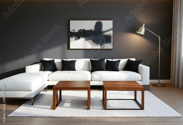 Fototapeta A modern living room with a large white sofa, wooden coffee table, and two table lamps on either side. The walls are painted a dark, moody color creating a cozy and sophisticated atmosphere