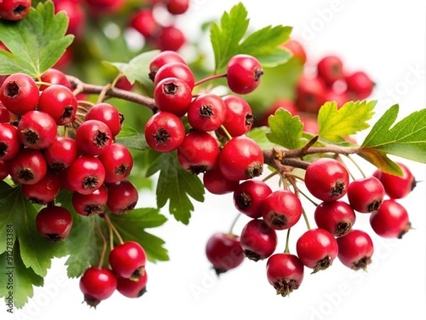 Fototapeta Common hawthorn berries closeup on white background. Plant with berries. Branches of Hawthorn in the garden. 