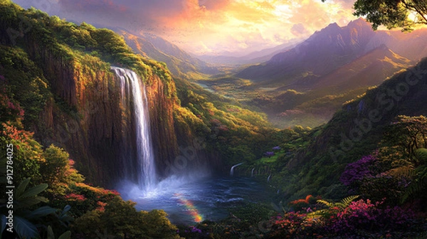 Fototapeta Enchanted Valley: Majestic Waterfall at Sunset