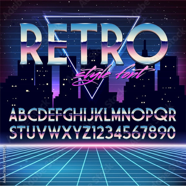 Obraz Shiny Chrome Alphabet in 80s Retro Futurism style. Vector font on cityscape background