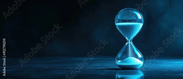 Fototapeta A mesmerizing hourglass filled with sand, glowing in a blue ambiance, symbolizing the passage of time and serenity.