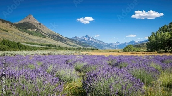 Fototapeta Lavender Field with Mountain Views in the Distance
