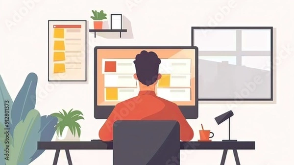 Fototapeta An office worker on a video call with a visible schedule or agenda on the screen in the background. Minimalist stock photo 