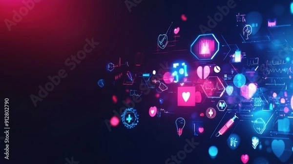 Fototapeta Abstract digital background with neon pink hearts, medical symbols, and data graphics on a dark blue backdrop.