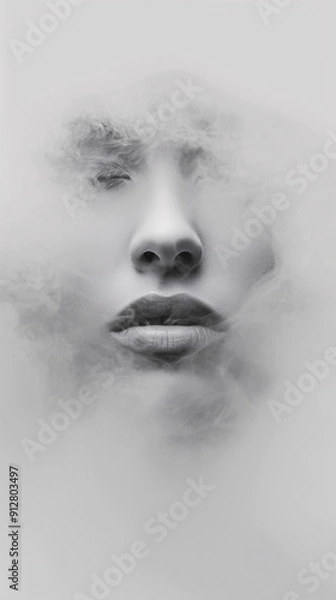 Obraz Artistic Monochrome Portrait of a Face Obscured by Swirling Mist, Highlighting Subtle Details and Textures, Ideal for Conceptual Art