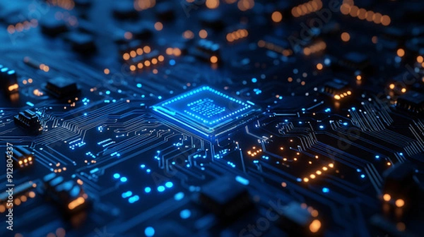 Fototapeta Advanced Glowing Blue Circuit Board with Intricate Electronic Patterns and Light Points for Modern Technology and Engineering Concepts