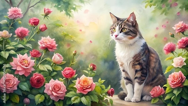 Fototapeta A Serene Symphony of Blooms and Feline Grace: A Watercolor Cat Amidst a Garden of Roses  Generative AI