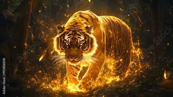 Obraz Fiery Tiger in the Forest: A majestic Bengal tiger, engulfed in a blazing inferno of golden light, strides confidently through a dark forest, radiating power and untamed beauty.  