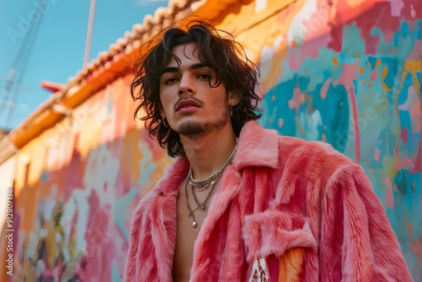 Obraz A man in a pink jacket stands in front of a colorful wall