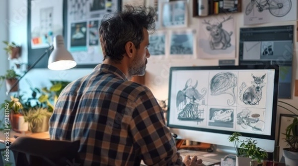 Fototapeta An art director reviewing storyboard sketches and digital illustrations for an animated film production.