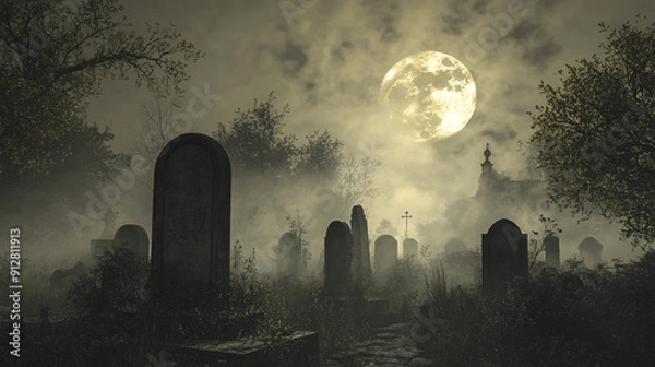 Fototapeta Photography of a misty graveyard scene with tombstones, fog, and a full moon in the background for Halloween Festival 