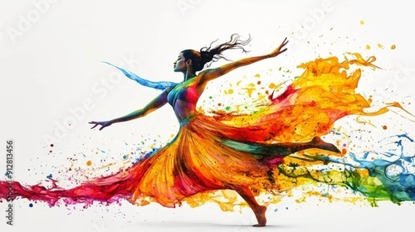 Fototapeta Abstract illustration of the Bharatanatyam dance in an explosion of colorful paint on a white background