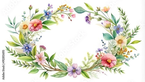Fototapeta Watercolor Wildflower Wreath: A Delicate Embrace of Nature's Beauty  Generative AI