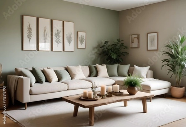 Fototapeta A modern and cozy living room with a large white sectional sofa, a wooden coffee table, and various decorative elements such as plants, candles, and framed artwork on the walls