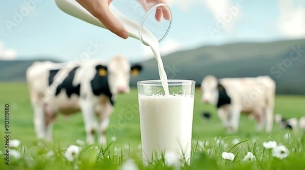 Fototapeta Fresh milk being poured into a glass on a grassy field with cows in the background, showcasing farm life and dairy production in a natural setting.