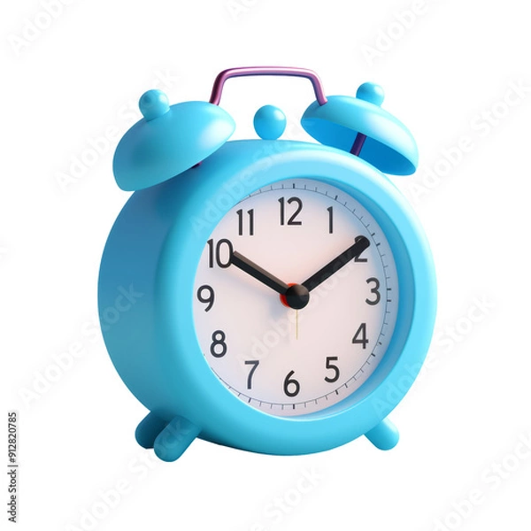 Fototapeta A blue alarm clock with a white face and black hands isolated on transparent background cutout, PNG file