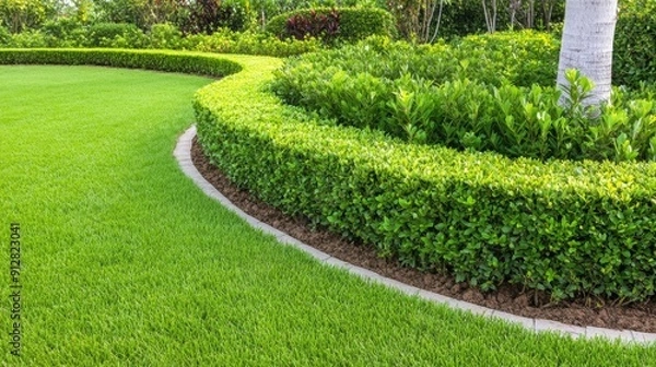 Fototapeta A serene garden features meticulously arranged greenery, colorful plants, and winding paths under a clear sky, inviting relaxation and exploration