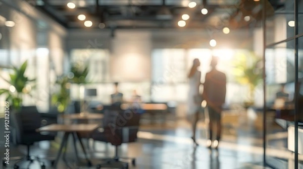 Fototapeta Modern open-plan office space with blurred background, showcasing contemporary design, ambient lighting, and silhouettes of workers, epitomizing a dynamic work environment.