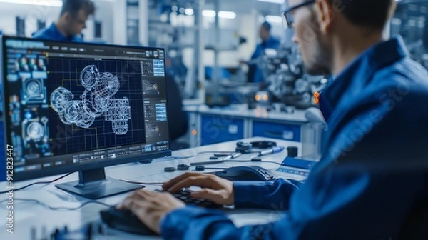 Fototapeta Engineer using CAD software to design mechanical parts, technical workspace Accurate and detailed, creative and reliable, engineering innovation